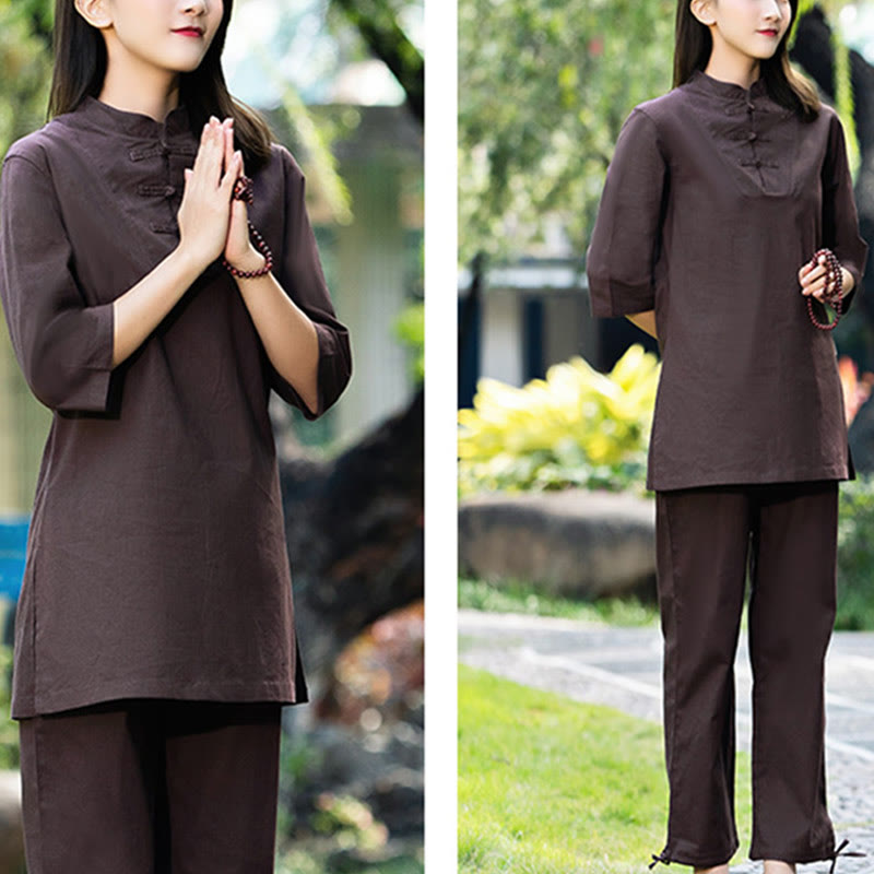 Ensemble 2 Buddha Stones chemise à manches courtes et pantalon pour femme, méditation, zen, tai-chi, coton et lin - image 23