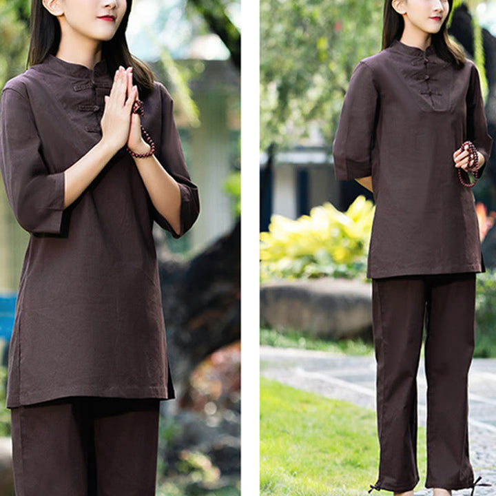 Ensemble 2 Buddha Stones chemise à manches courtes et pantalon pour femme, méditation, zen, tai-chi, coton et lin - image 23