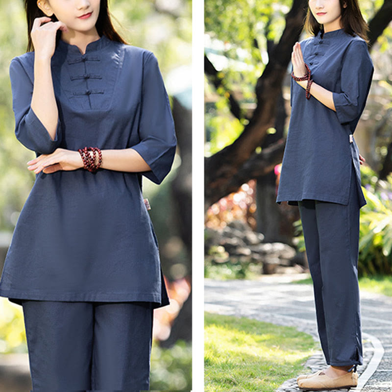 Ensemble 2 Buddha Stones chemise à manches courtes et pantalon pour femme, méditation, zen, tai-chi, coton et lin - image 1