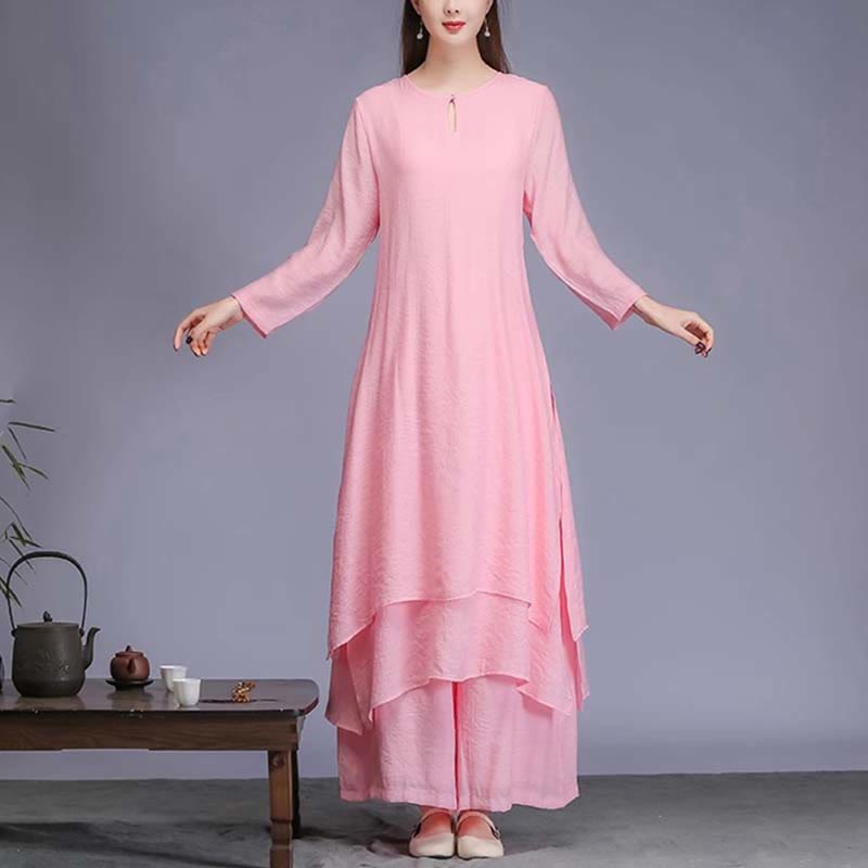 Robe mi-longue de couleur unie Buddha Stones , pantalon large, méditation, pratique spirituelle zen, yoga, danse, 2 pièces - Ensemble 2 pièces rose (robe et pantalon) - US12，UK/AU16，EU44 (2XL)  - image 12