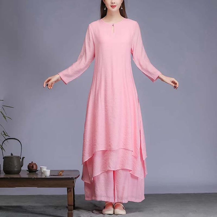 Robe mi-longue de couleur unie Buddha Stones , pantalon large, méditation, pratique spirituelle zen, yoga, danse, 2 pièces - 2 pièces rose (robe et pantalon) - US12，UK/AU16，EU44 (2XL)  - image 12