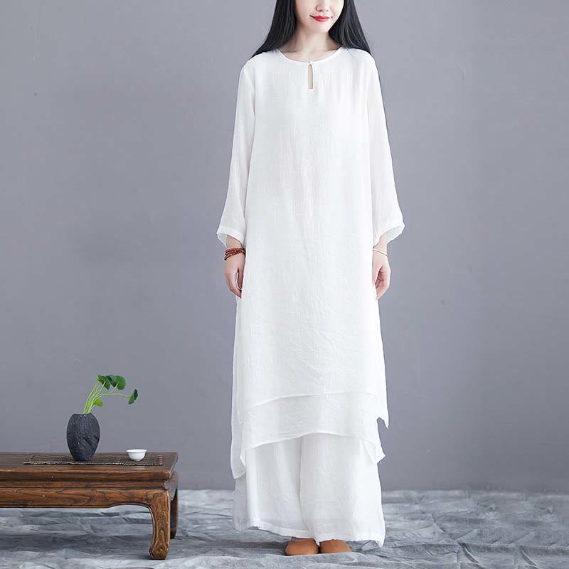 Robe mi-longue de couleur unie Buddha Stones , pantalon large, méditation, pratique spirituelle zen, yoga, danse, 2 pièces - 2 pièces blanches (robe et pantalon) - US12，UK/AU16，EU44 (2XL)  - image 0