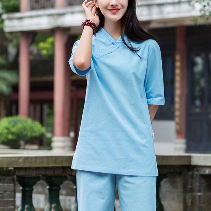 Ensemble 2 Buddha Stones à manches courtes et col en V et pantalon pour méditation Zen Tai Chi pour femme - Bleu (haut et pantalon) - US8-10，UK/AU12-14，EU40-42 (2XL) - image 9