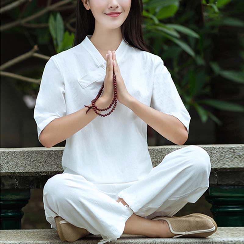 Ensemble 2 Buddha Stones à manches courtes et col en V et pantalon pour méditation Zen Tai Chi pour femme - Blanc (haut et pantalon) - US8-10，UK/AU12-14，EU40-42 (2XL) - image 3