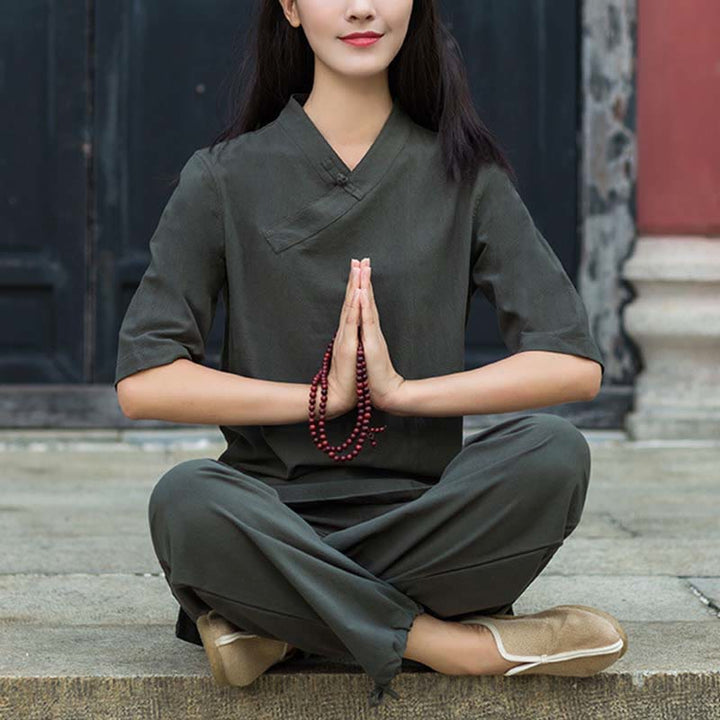 Ensemble 2 Buddha Stones à manches courtes et col en V et pantalon pour méditation Zen Tai Chi pour femme - Gris (haut et pantalon) - US8-10，UK/AU12-14，EU40-42 (2XL) - image 17