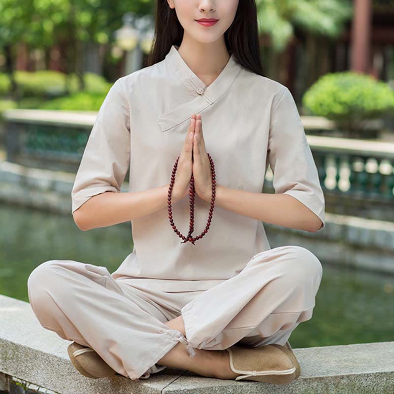Ensemble 2 Buddha Stones à manches courtes et col en V et pantalon pour méditation Zen Tai Chi pour femme - Kaki (haut et pantalon) - US8-10，UK/AU12-14，EU40-42 (2XL) - image 0