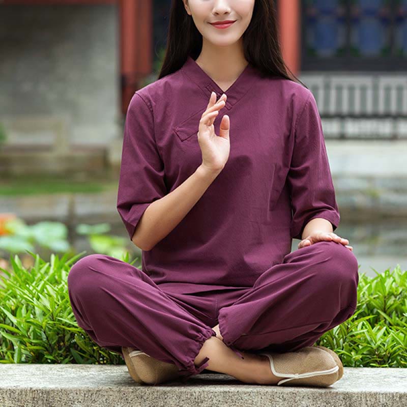 Ensemble 2 Buddha Stones à manches courtes et col en V et pantalon pour méditation Zen Tai Chi pour femme - Bourgogne (haut et pantalon) - US8-10，UK/AU12-14，EU40-42 (2XL) - image 12