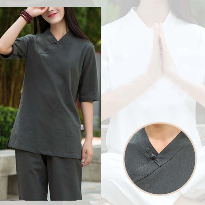 Ensemble 2 Buddha Stones à manches courtes et col en V et pantalon pour méditation Zen Tai Chi pour femme - image 19