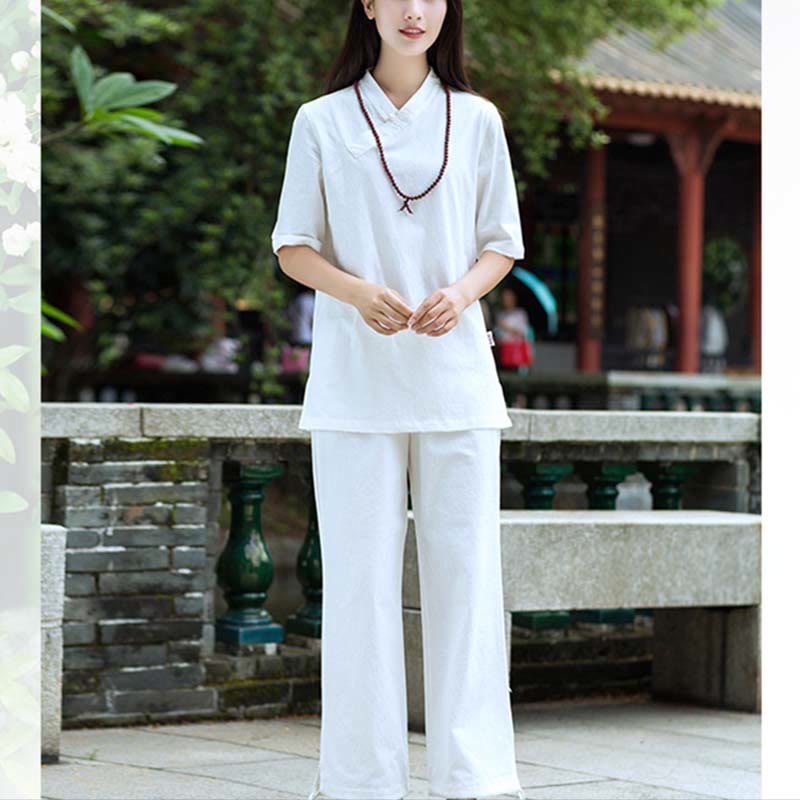 Ensemble 2 Buddha Stones à manches courtes et col en V et pantalon pour méditation Zen Tai Chi pour femme - image 7
