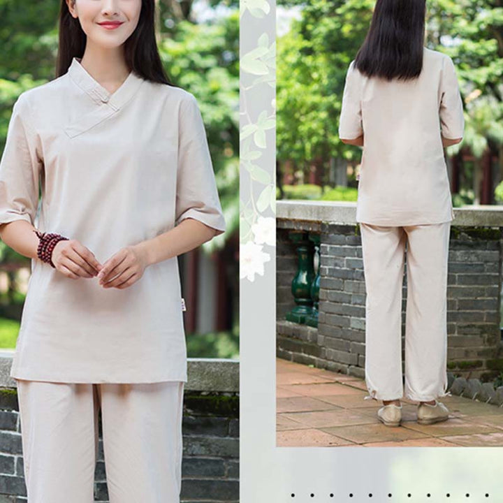 Ensemble 2 Buddha Stones à manches courtes et col en V et pantalon pour méditation Zen Tai Chi pour femme - image 2