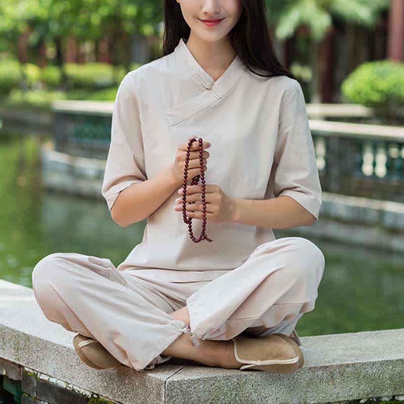 Ensemble 2 Buddha Stones à manches courtes et col en V et pantalon pour méditation Zen Tai Chi pour femme - image 1