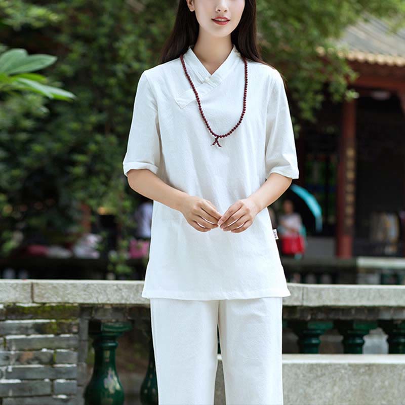 Ensemble 2 Buddha Stones à manches courtes et col en V et pantalon pour méditation Zen Tai Chi pour femme - image 5