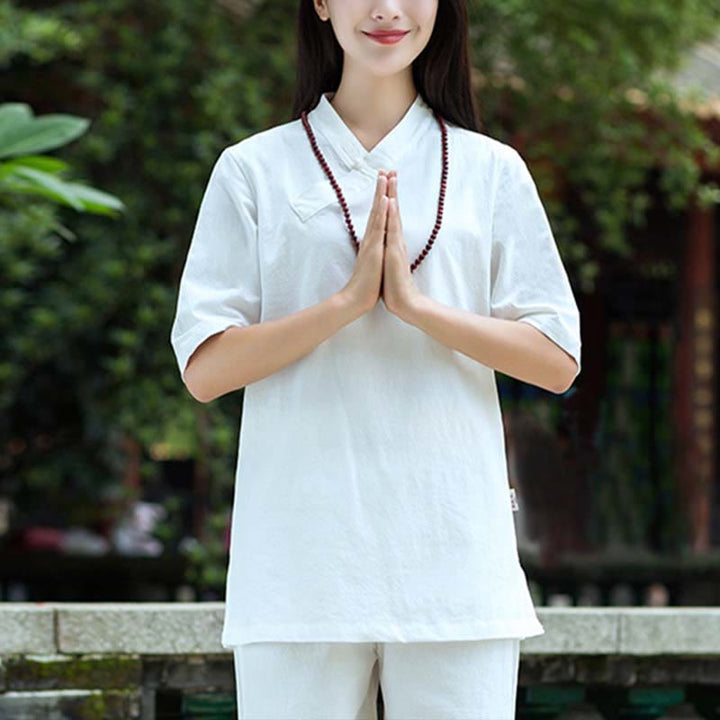 Ensemble 2 Buddha Stones à manches courtes et col en V et pantalon pour méditation Zen Tai Chi pour femme - image 4