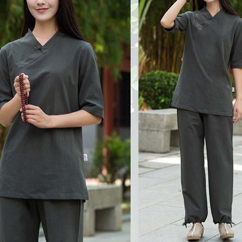 Ensemble 2 Buddha Stones à manches courtes et col en V et pantalon pour méditation Zen Tai Chi pour femme - image 18