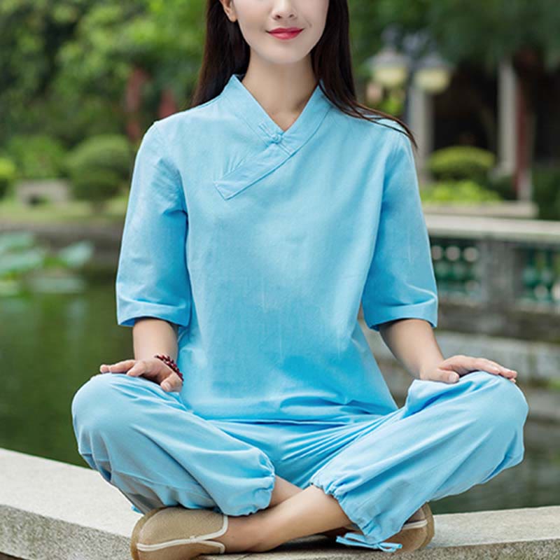 Ensemble 2 Buddha Stones à manches courtes et col en V et pantalon pour méditation Zen Tai Chi pour femme - image 10