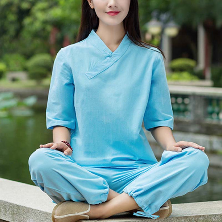 Ensemble 2 Buddha Stones à manches courtes et col en V et pantalon pour méditation Zen Tai Chi pour femme - image 10
