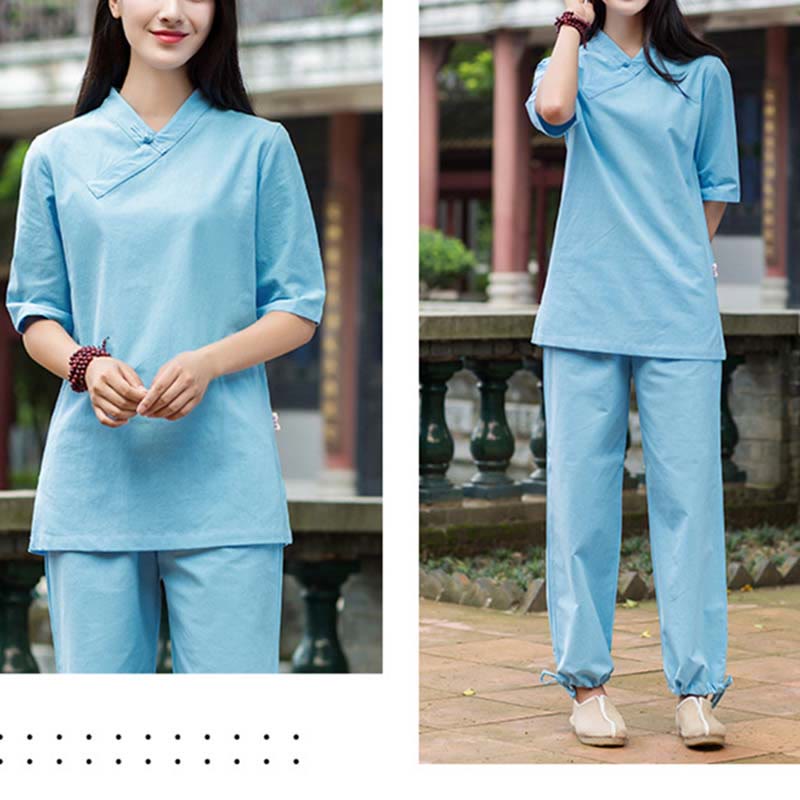 Ensemble 2 Buddha Stones à manches courtes et col en V et pantalon pour méditation Zen Tai Chi pour femme - image 11