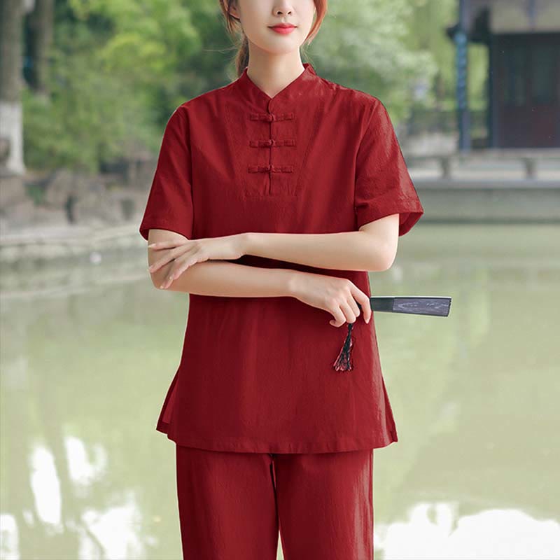 Ensemble de vêtements en coton et lin pour femme, 2 pièces, chemise à manches courtes, haut, t-shirt, pantalon, méditation, zen, Tai Chi - Bourgogne (haut et pantalon) - US18，UK/AU22，EU50 (6XL) - image 8