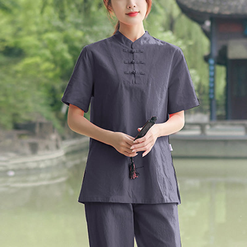 Ensemble de vêtements en coton et lin pour femme, 2 pièces, chemise à manches courtes, haut, t-shirt, pantalon, méditation, zen, Tai Chi - Gris (Haut et pantalon) - US18，UK/AU22，EU50 (6XL) - image 5