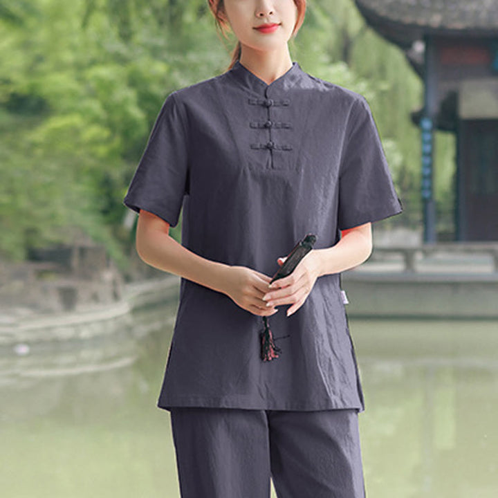 Ensemble de vêtements en coton et lin pour femme, 2 pièces, chemise à manches courtes, haut, t-shirt, pantalon, méditation, zen, Tai Chi - Gris (Haut et pantalon) - US18，UK/AU22，EU50 (6XL) - image 5