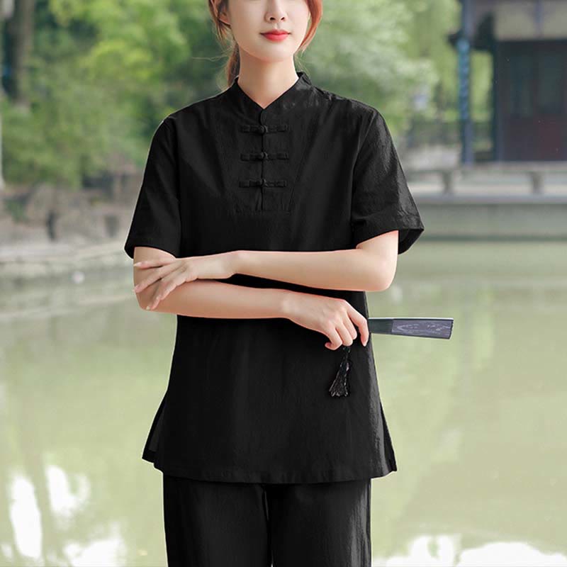 Ensemble de vêtements en coton et lin pour femme, 2 pièces, chemise à manches courtes, haut, t-shirt, pantalon, méditation, zen, Tai Chi - Noir (Haut et pantalon) - US18，UK/AU22，EU50 (6XL) - image 14