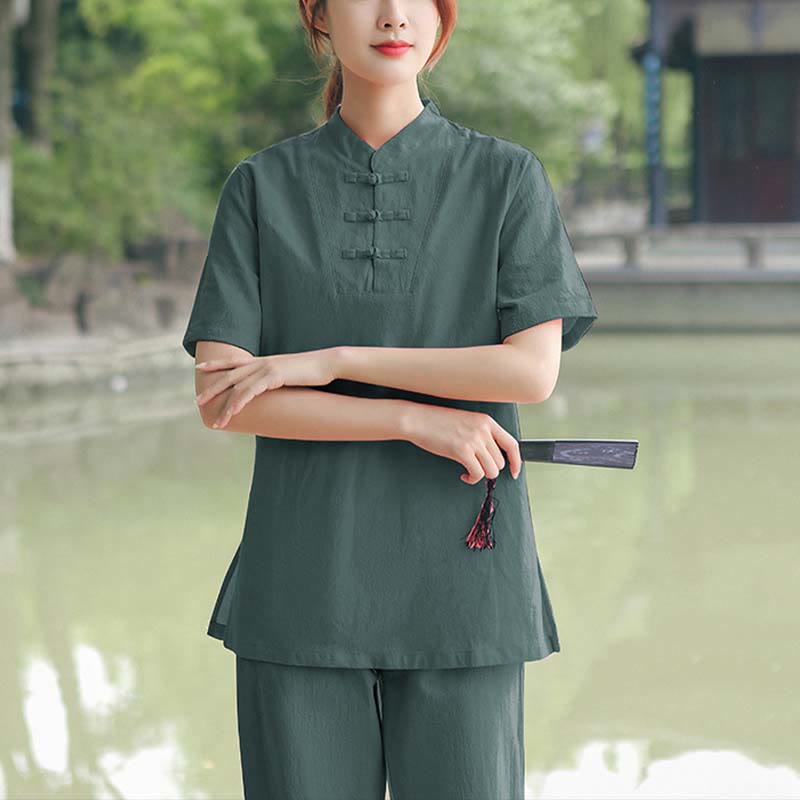 Ensemble de vêtements en coton et lin pour femme, 2 pièces, chemise à manches courtes, haut, t-shirt, pantalon, méditation, zen, Tai Chi - Vert foncé (haut et pantalon) - US18，UK/AU22，EU50 (6XL) - image 13