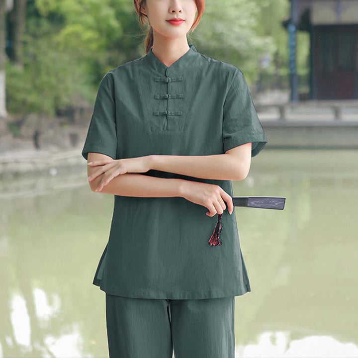 Ensemble de vêtements en coton et lin pour femme, 2 pièces, chemise à manches courtes, haut, t-shirt, pantalon, méditation, zen, Tai Chi - Vert foncé (haut et pantalon) - US18，UK/AU22，EU50 (6XL) - image 13