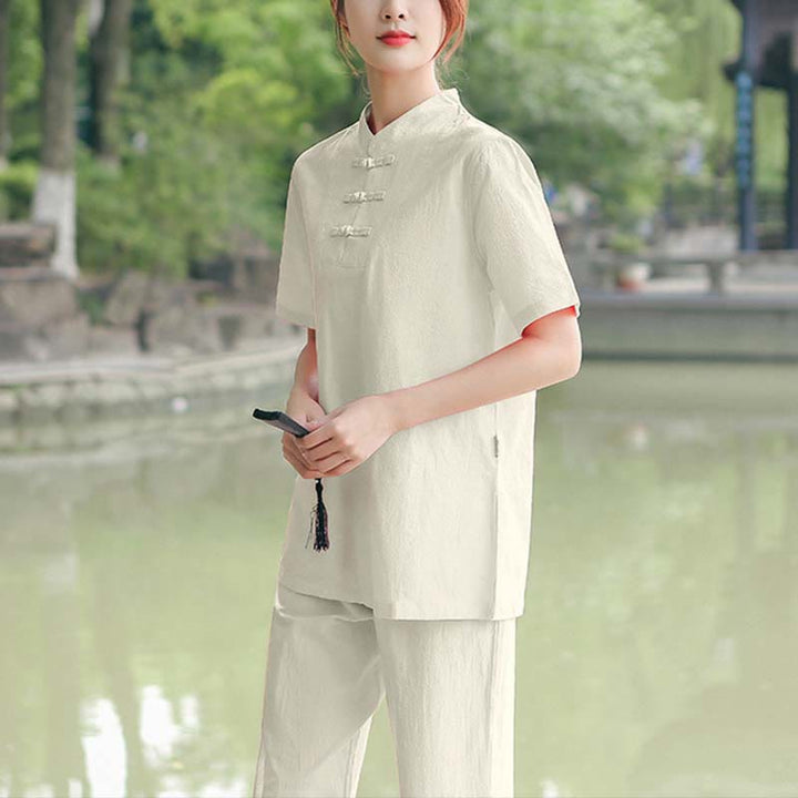 Ensemble de vêtements en coton et lin pour femme, 2 pièces, chemise à manches courtes, haut, t-shirt, pantalon, méditation, zen, Tai Chi - Beige (haut et pantalon) - US18，UK/AU22，EU50 (6XL) - image 6