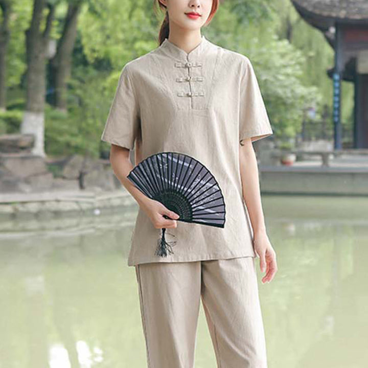 Ensemble de vêtements en coton et lin pour femme, 2 pièces, chemise à manches courtes, haut, t-shirt, pantalon, méditation, zen, Tai Chi - image 1