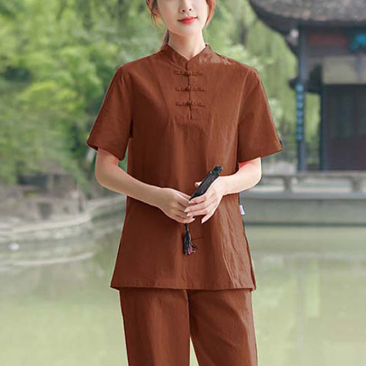 Ensemble de vêtements en coton et lin pour femme, 2 pièces, chemise à manches courtes, haut, t-shirt, pantalon, méditation, zen, Tai Chi - Marron (Haut et pantalon) - US18，UK/AU22，EU50 (6XL) - image 11
