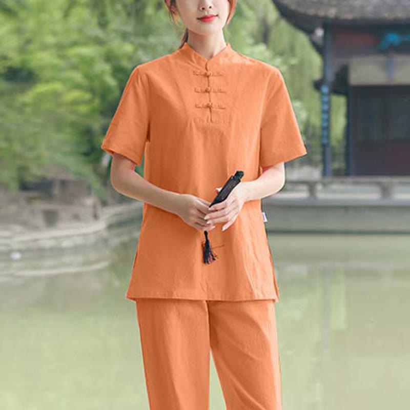 Ensemble de vêtements en coton et lin pour femme, 2 pièces, chemise à manches courtes, haut, t-shirt, pantalon, méditation, zen, Tai Chi - Orange (Haut et pantalon) - US18，UK/AU22，EU50 (6XL) - image 7