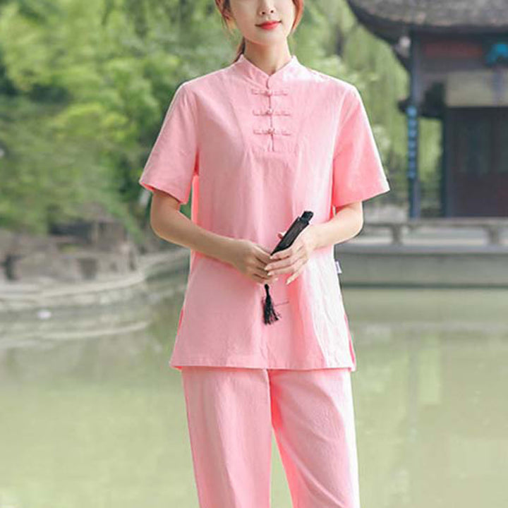 Ensemble de vêtements en coton et lin pour femme, 2 pièces, chemise à manches courtes, haut, t-shirt, pantalon, méditation, zen, Tai Chi - Rose (Haut et pantalon) - US18，UK/AU22，EU50 (6XL) - image 12