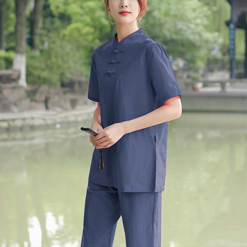 Ensemble de vêtements en coton et lin pour femme, 2 pièces, chemise à manches courtes, haut, t-shirt, pantalon, méditation, zen, Tai Chi - Bleu foncé (Haut et pantalon) - US18，UK/AU22，EU50 (6XL) - image 10
