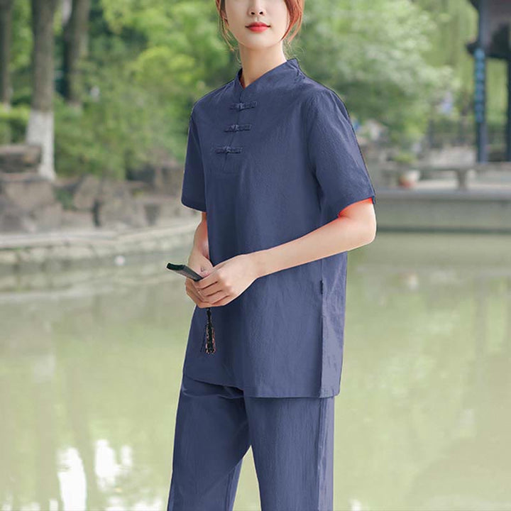 Ensemble de vêtements en coton et lin pour femme, 2 pièces, chemise à manches courtes, haut, t-shirt, pantalon, méditation, zen, Tai Chi - Bleu foncé (Haut et pantalon) - US18，UK/AU22，EU50 (6XL) - image 10