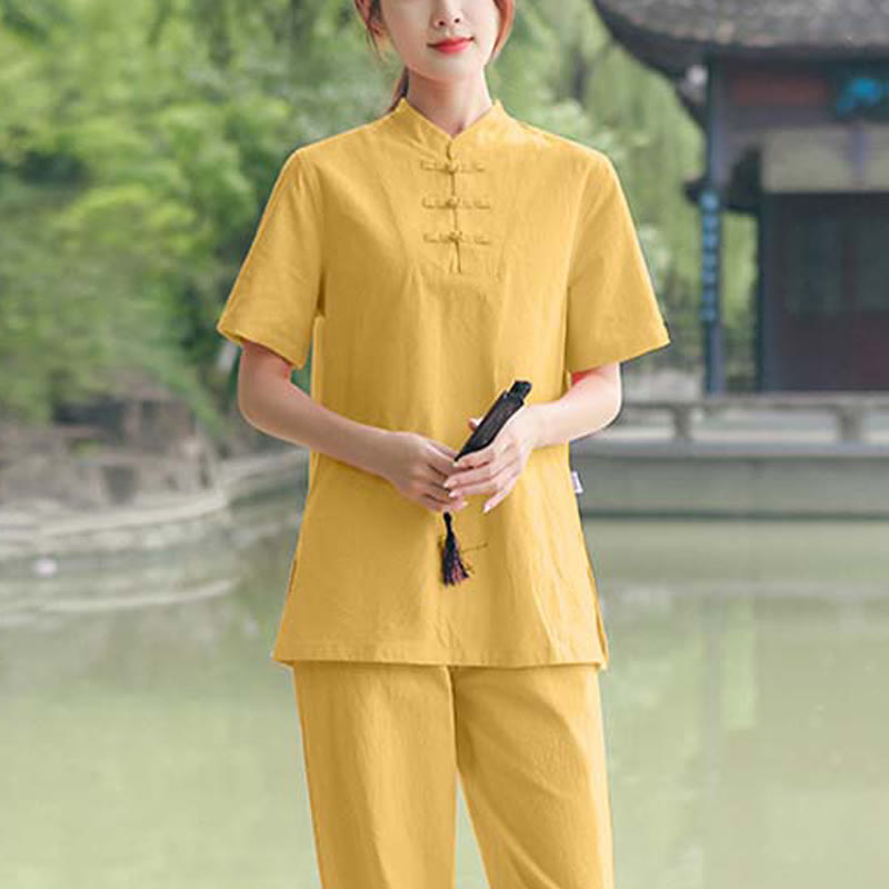Ensemble de vêtements en coton et lin pour femme, 2 pièces, chemise à manches courtes, haut, t-shirt, pantalon, méditation, zen, Tai Chi - Jaune (haut et pantalon) - US18，UK/AU22，EU50 (6XL) - image 9