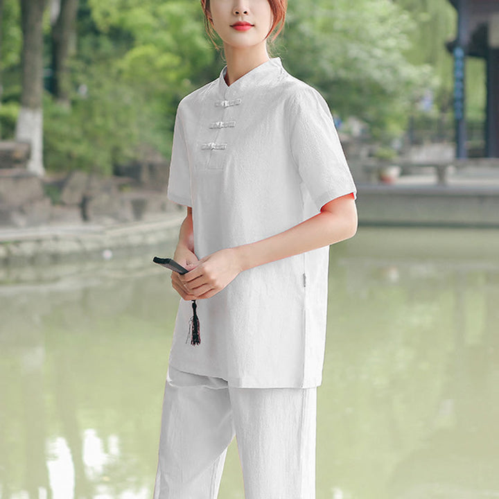 Ensemble de vêtements en coton et lin pour femme, 2 pièces, chemise à manches courtes, haut, t-shirt, pantalon, méditation, zen, Tai Chi - Blanc (haut et pantalon) - US18，UK/AU22，EU50 (6XL) - image 15