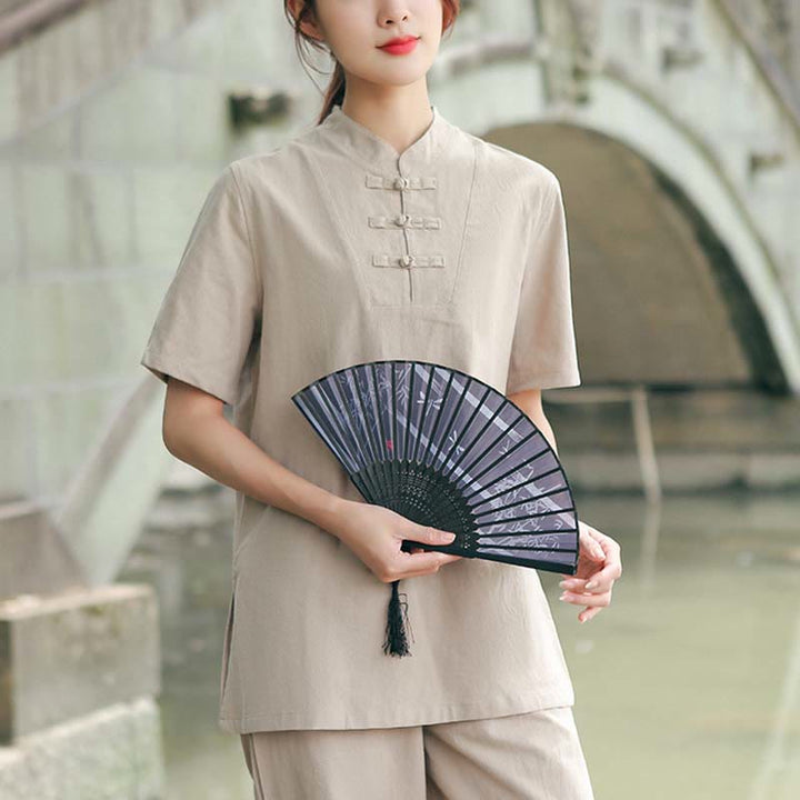 Ensemble de vêtements en coton et lin pour femme, 2 pièces, chemise à manches courtes, haut, t-shirt, pantalon, méditation, zen, Tai Chi - Kaki (Haut et pantalon) - US18，UK/AU22，EU50 (6XL) - image 0