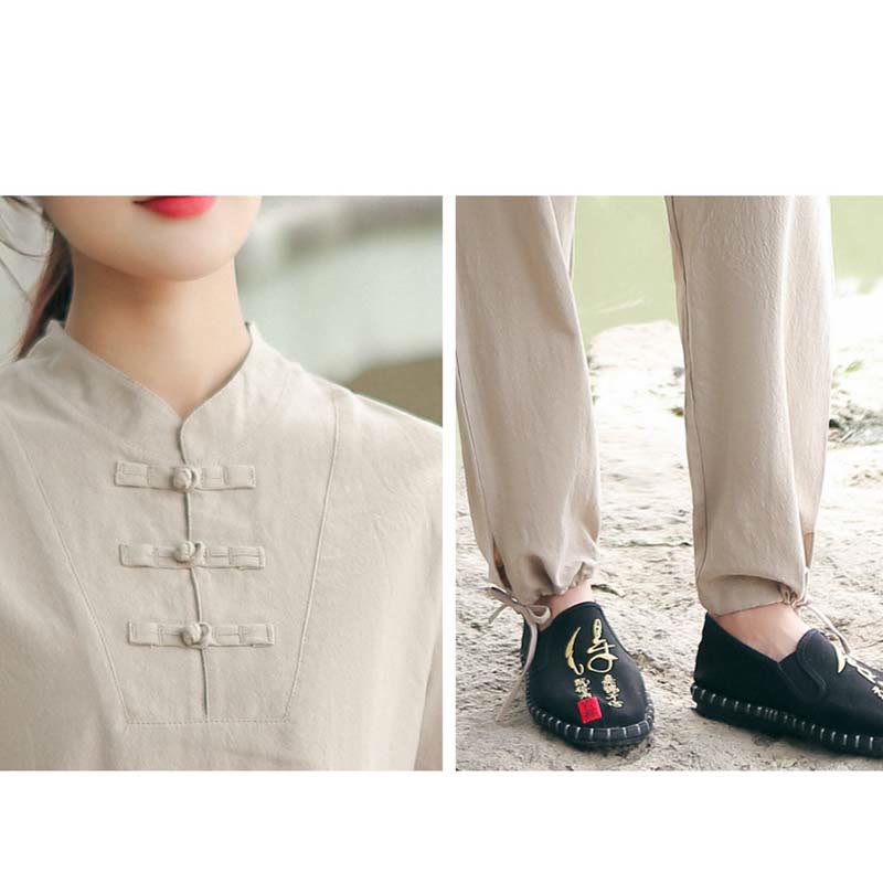 Ensemble de vêtements en coton et lin pour femme, 2 pièces, chemise à manches courtes, haut, t-shirt, pantalon, méditation, zen, Tai Chi - image 2