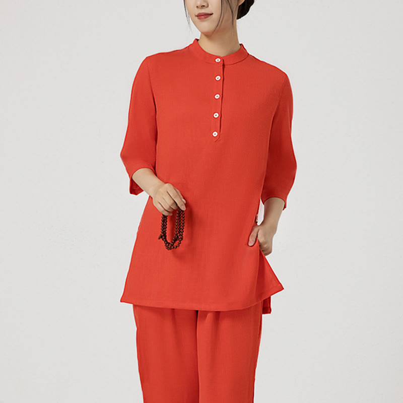 Ensemble 2 pièces en Buddha Stones et lin pour femme, chemise trois-quarts, haut et pantalon, méditation, zen, tai-chi