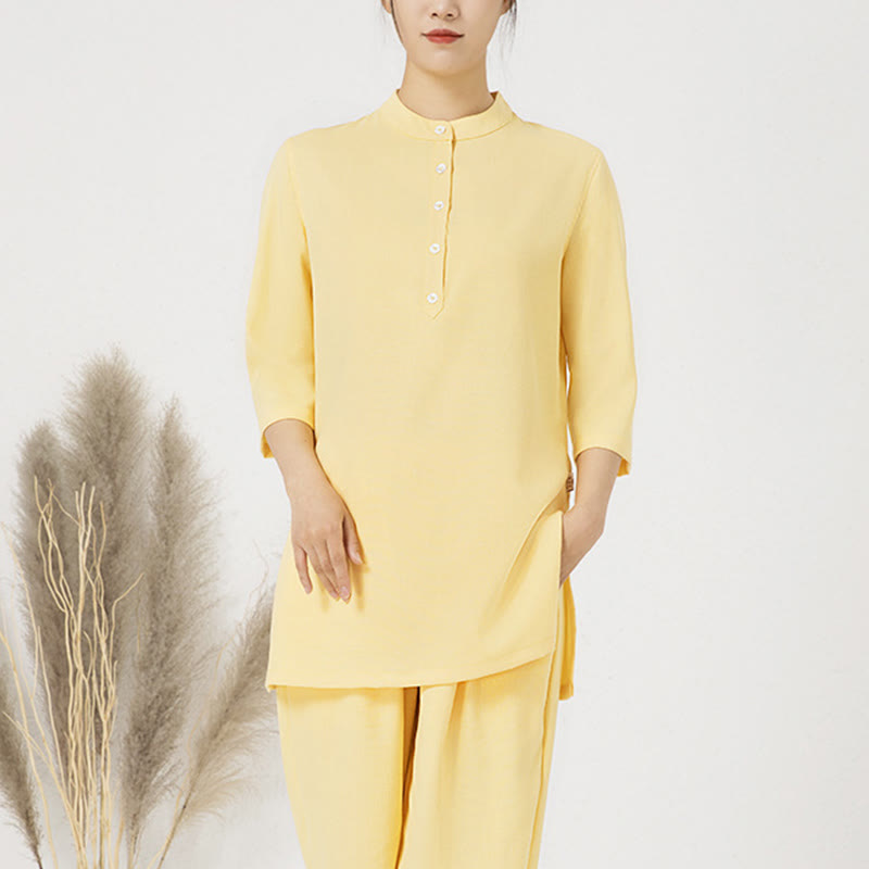 Ensemble 2 pièces en Buddha Stones et lin pour femme, chemise trois-quarts, haut et pantalon, méditation, zen, tai-chi
