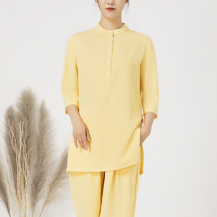 Ensemble 2 pièces en Buddha Stones et lin pour femme, chemise trois-quarts, haut et pantalon, méditation, zen, tai-chi