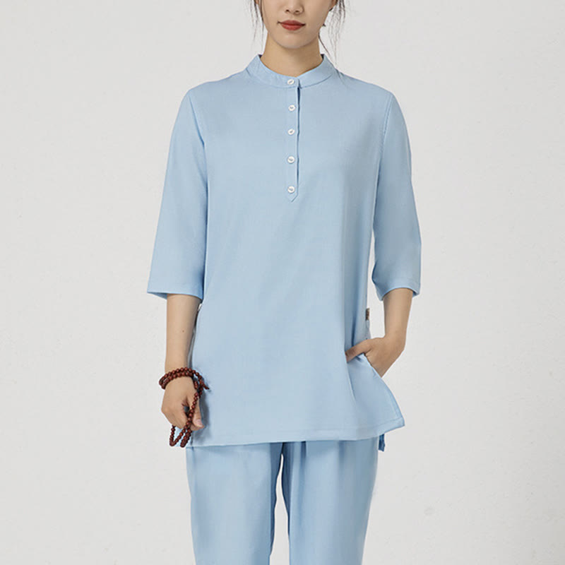 Ensemble 2 pièces en Buddha Stones et lin pour femme, chemise trois-quarts, haut et pantalon, méditation, zen, tai-chi