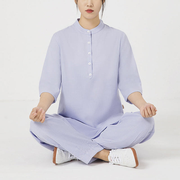 Ensemble 2 pièces en Buddha Stones et lin pour femme, chemise trois-quarts, haut et pantalon, méditation, zen, tai-chi