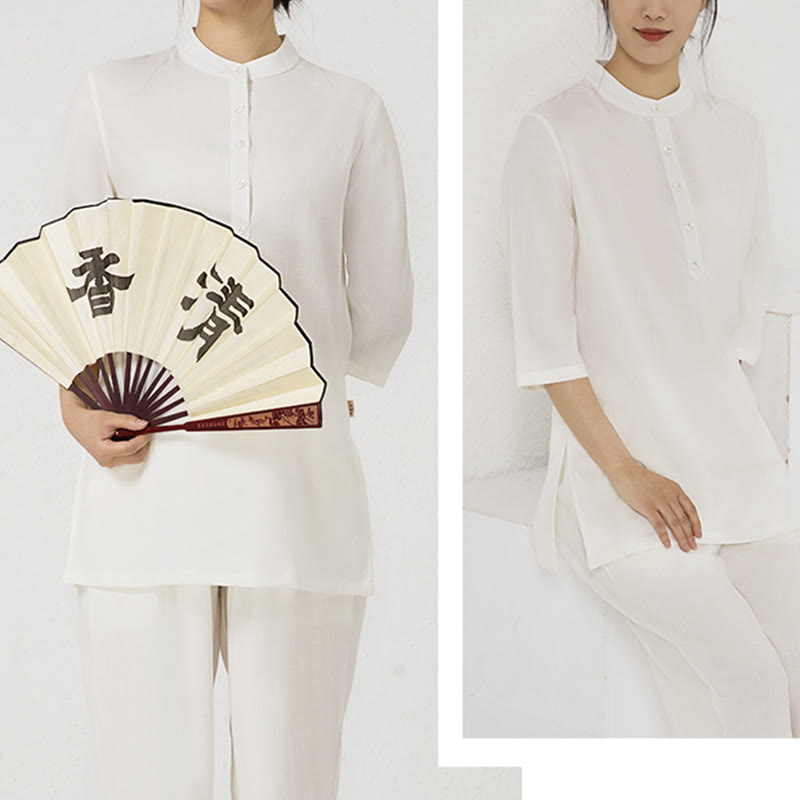 Ensemble 2 pièces en Buddha Stones et lin pour femme, chemise trois-quarts, haut et pantalon, méditation, zen, tai-chi