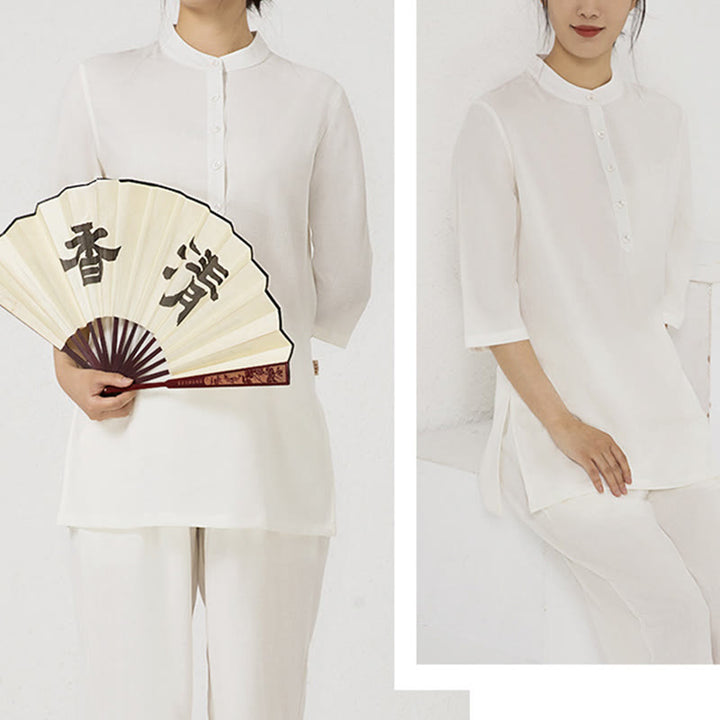 Ensemble 2 pièces en Buddha Stones et lin pour femme, chemise trois-quarts, haut et pantalon, méditation, zen, tai-chi