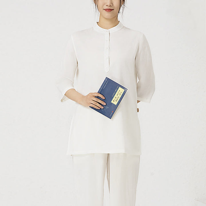 Ensemble 2 pièces en Buddha Stones et lin pour femme, chemise trois-quarts, haut et pantalon, méditation, zen, tai-chi