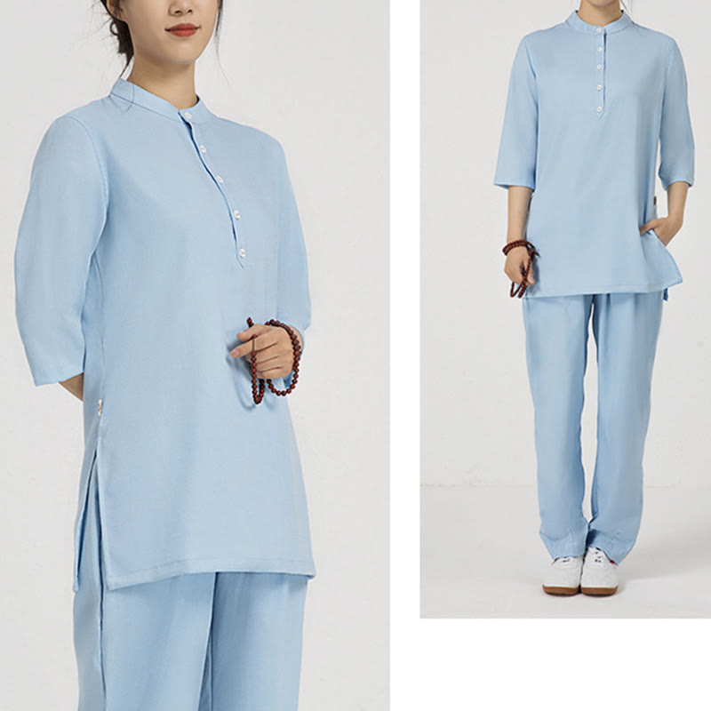 Ensemble 2 pièces en Buddha Stones et lin pour femme, chemise trois-quarts, haut et pantalon, méditation, zen, tai-chi