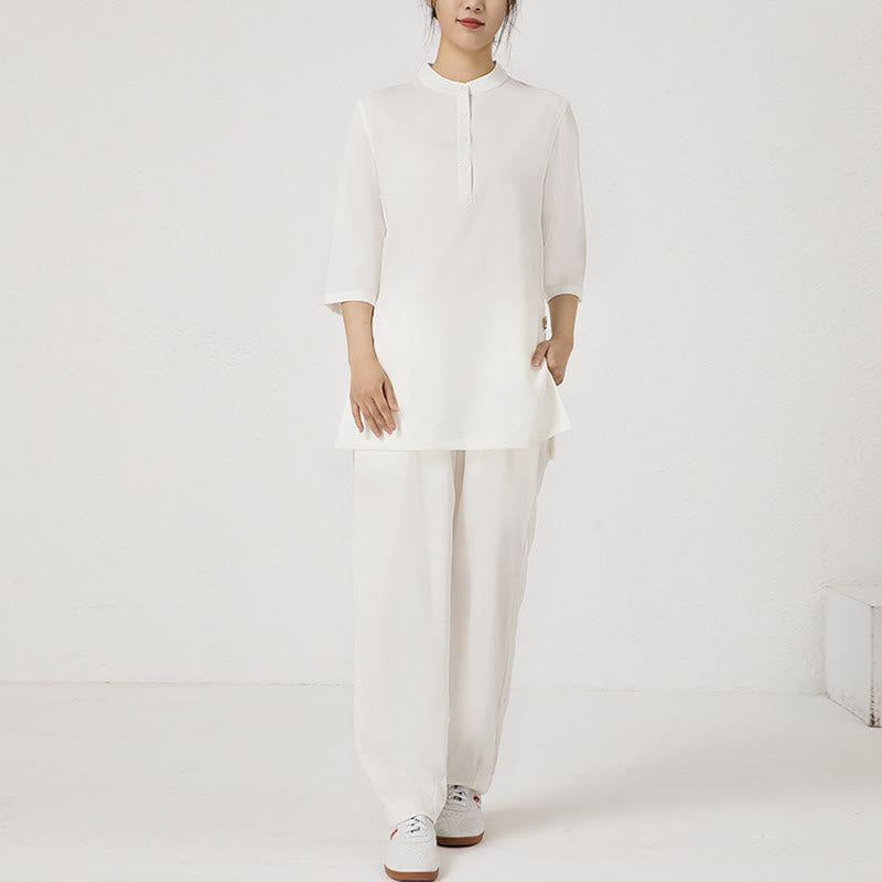 Ensemble 2 pièces en Buddha Stones et lin pour femme, chemise trois-quarts, haut et pantalon, méditation, zen, tai-chi