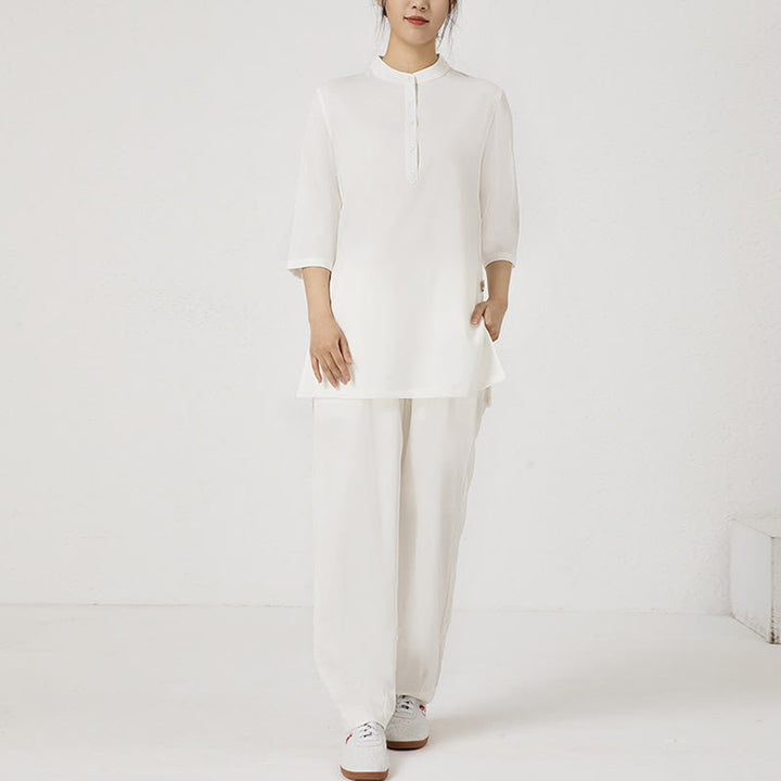Ensemble 2 pièces en Buddha Stones et lin pour femme, chemise trois-quarts, haut et pantalon, méditation, zen, tai-chi