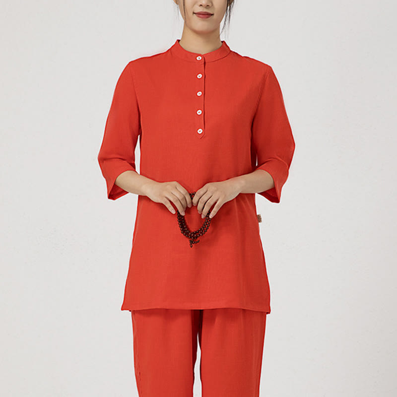 Ensemble 2 pièces en Buddha Stones et lin pour femme, chemise trois-quarts, haut et pantalon, méditation, zen, tai-chi